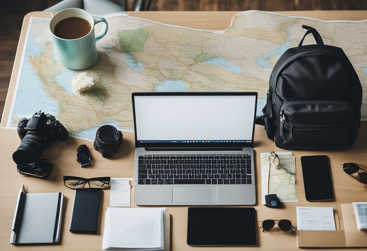 A map, a budget spreadsheet, and a backpack packed with essentials lay on a table. A person researches affordable transportation options on a laptop