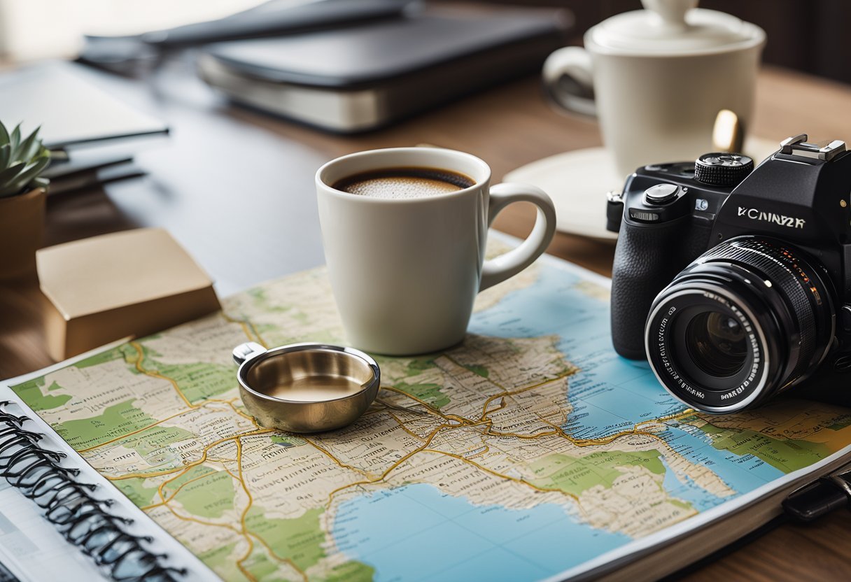 A map, budget planner, and travel guide lay on a table with a cup of coffee and a notebook