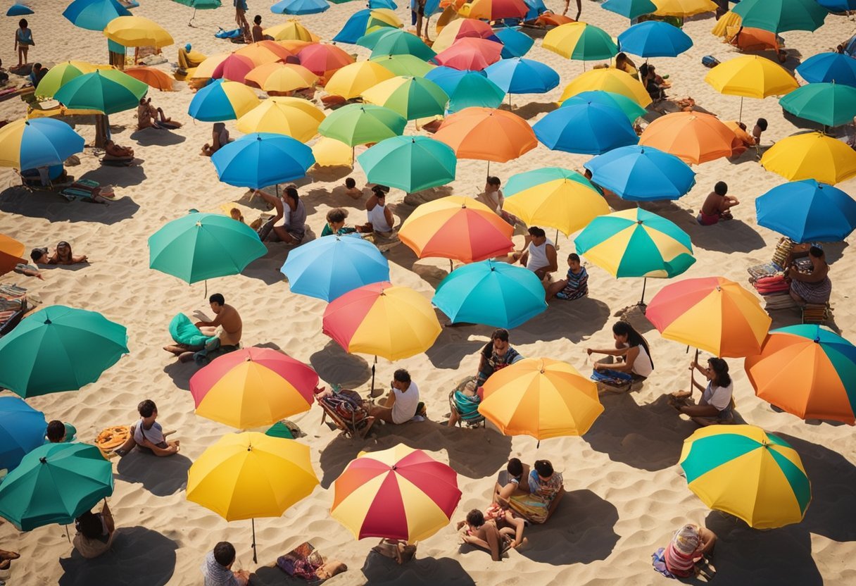 A sunny beach with colorful umbrellas, children playing in the sand, and families enjoying picnics and water activities