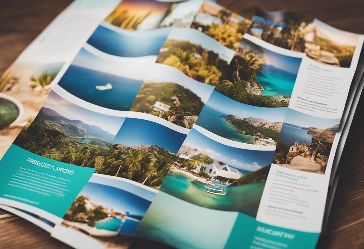 A family vacation brochure with colorful destinations and a list of frequently asked questions