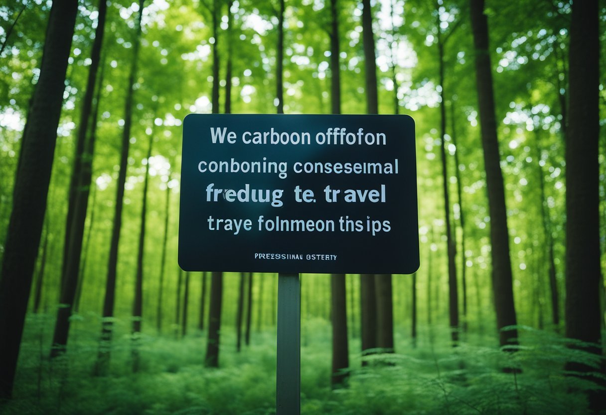 A forest with vibrant green trees and clear blue skies, with a sign promoting carbon offsetting and environmental consciousness tips for reducing travel impact