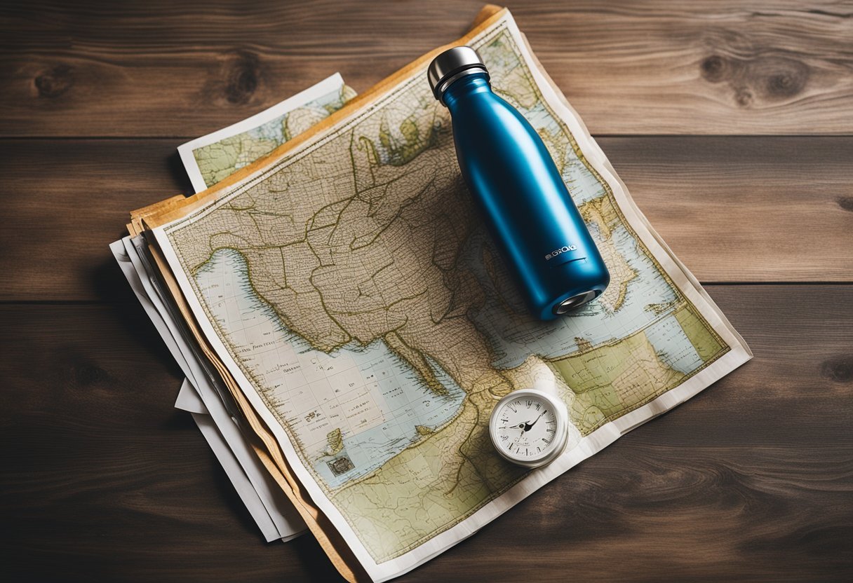 A reusable water bottle and a map with eco-friendly travel tips on a table