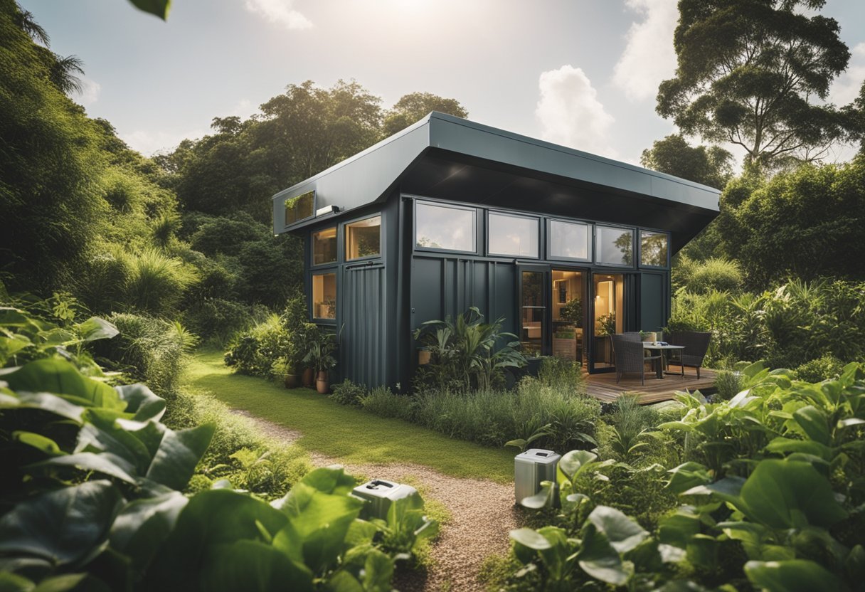 A sustainable accommodation nestled in a lush, green environment with solar panels and recycling bins