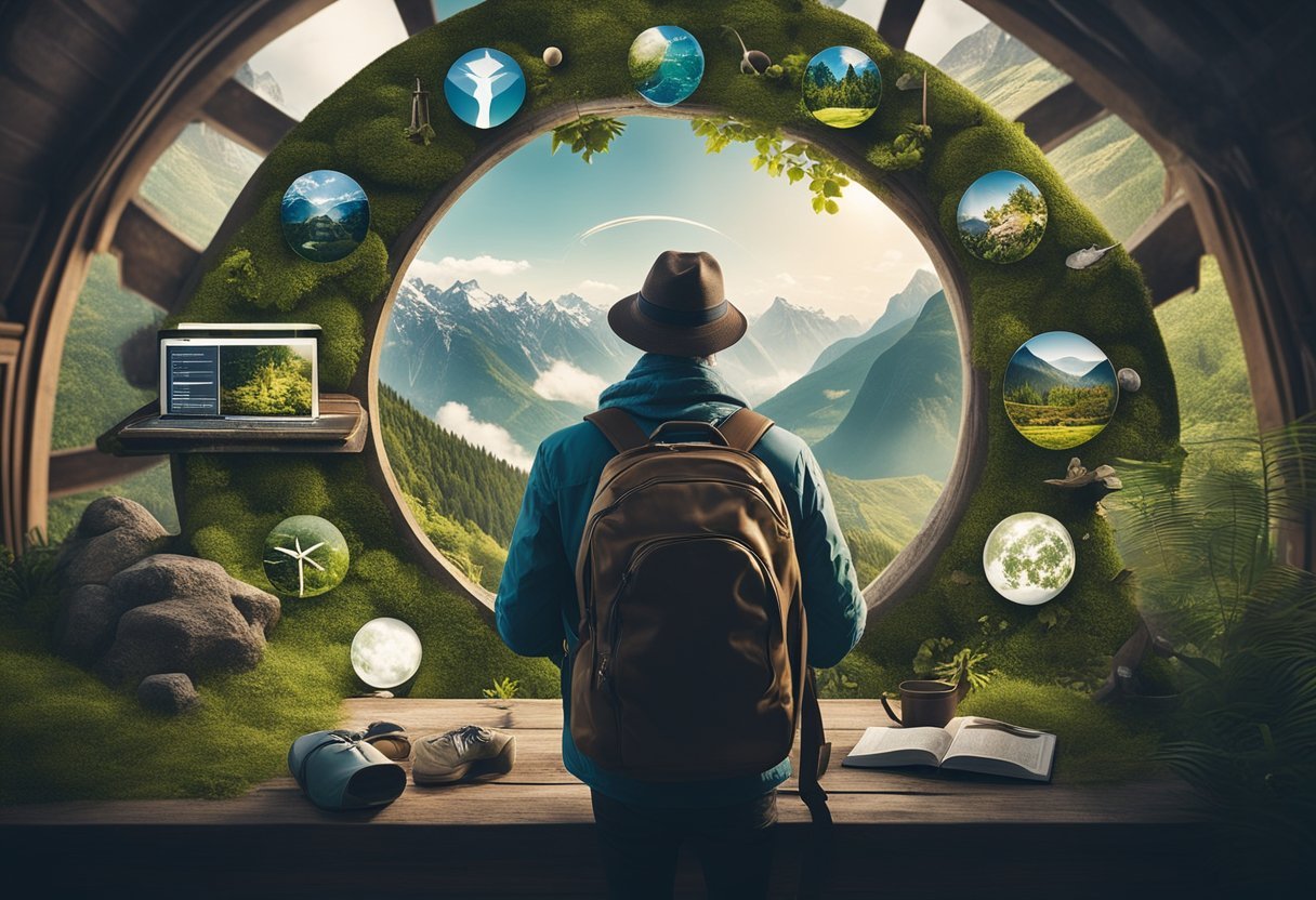 A traveler researching sustainable accommodations online, surrounded by eco-friendly symbols and images of nature