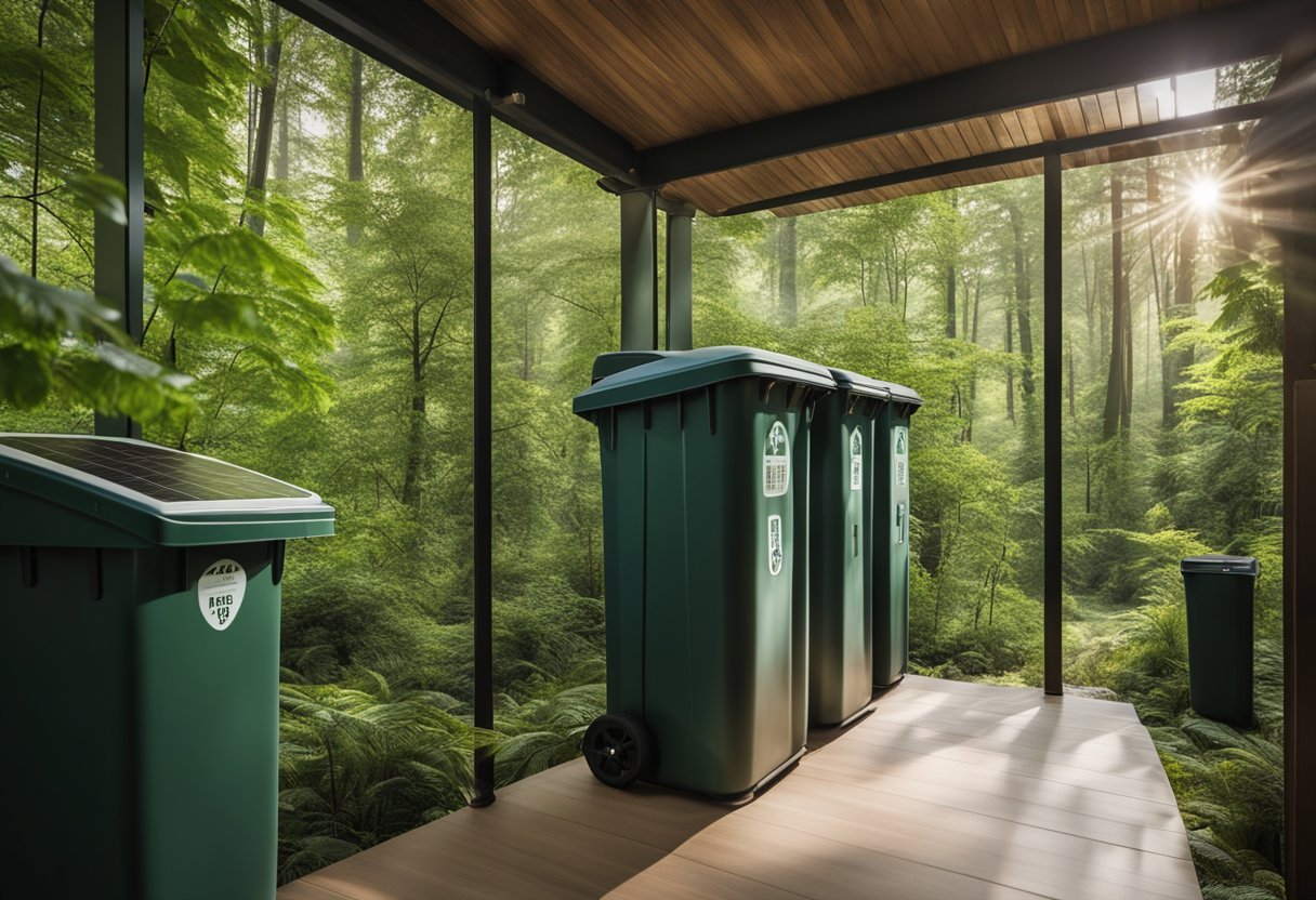 A serene forest with eco-friendly lodgings nestled among tall trees and lush greenery. Solar panels and recycling bins are visible, showcasing sustainable practices