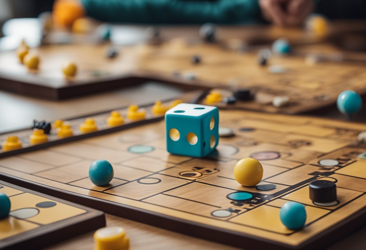 A table with homemade board games and playful activities, set up for indoor fun