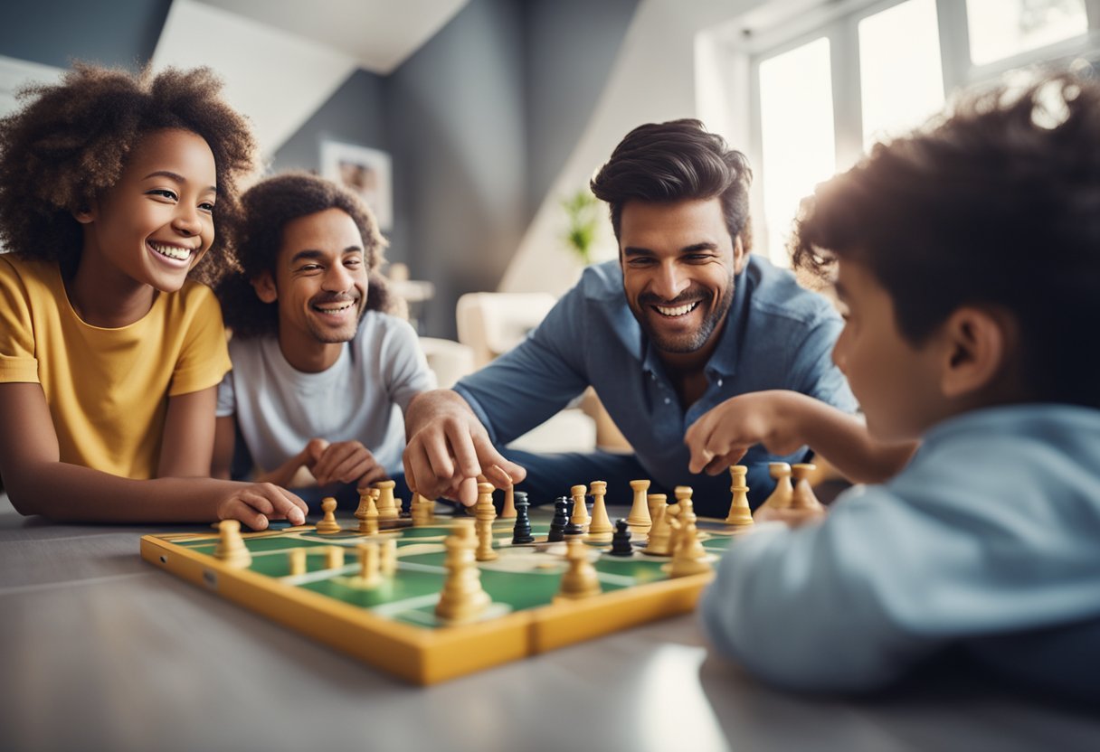 A family playing virtual games together at home, with a mix of board games and digital activities