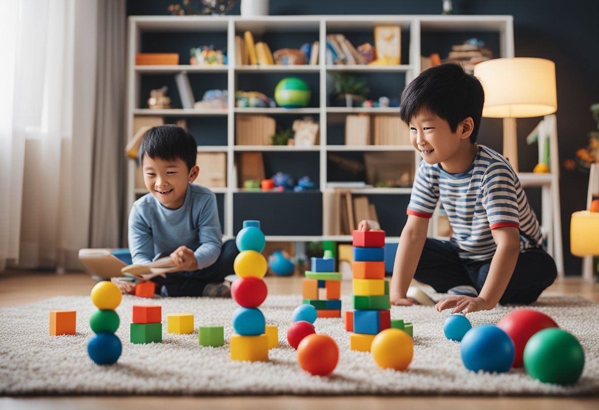 Children's games and activities scattered around a cozy living room, with colorful toys and books on the floor