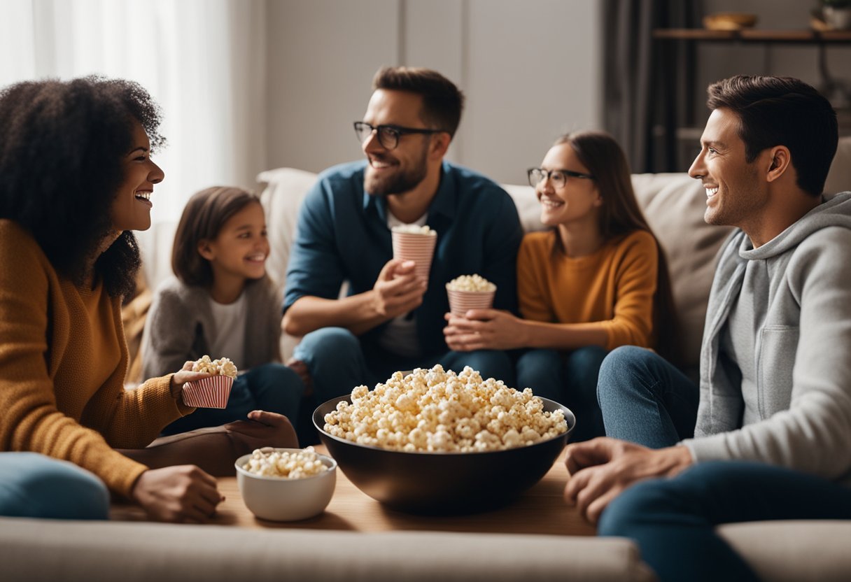 A family sitting together, watching a movie or series on a cozy couch, with popcorn and snacks on the table