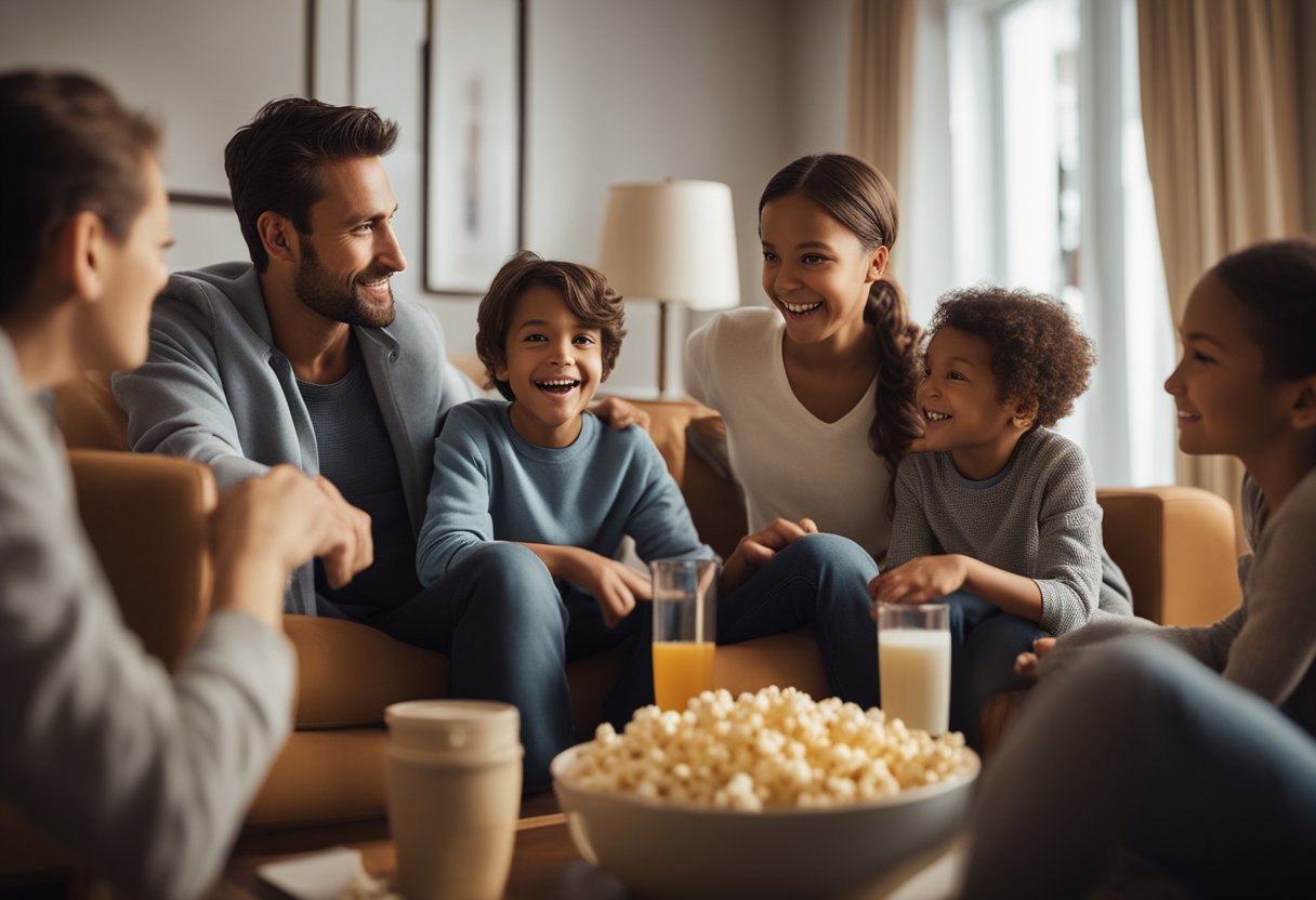 A family gathered around a TV, watching an inspiring drama together. Popcorn and drinks on the table. Cozy living room with warm lighting