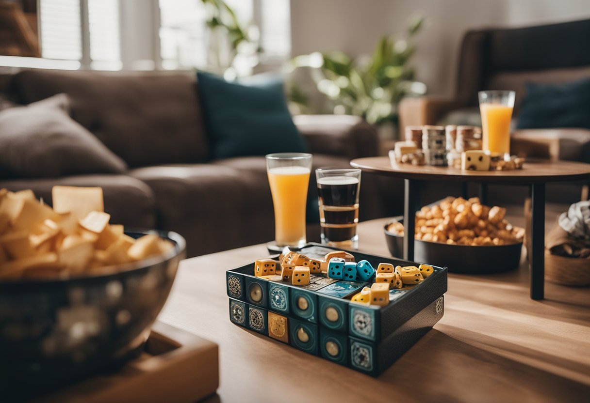 A table filled with board games, cards, and dice. Snacks and drinks nearby. Friends laughing and playing together in a cozy living room