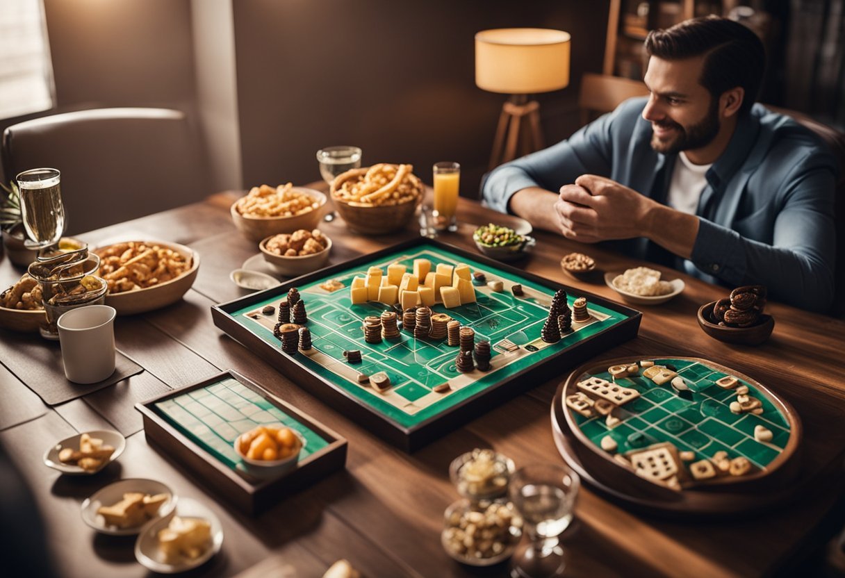 A table set with board games, snacks, and drinks. Chairs arranged for players. Soft lighting and cozy atmosphere
