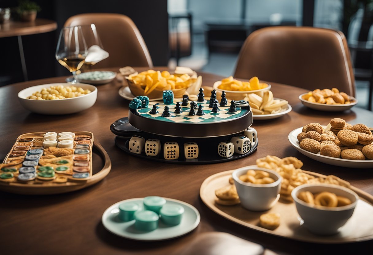 A table set with board games, cards, and snacks. Chairs arranged around it. Soft lighting and cozy atmosphere
