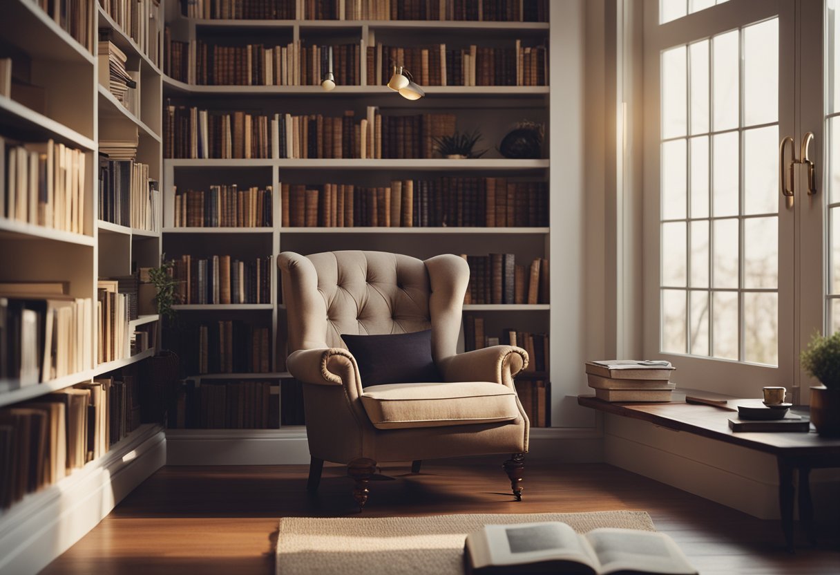 A cozy reading nook with a comfortable armchair, soft lighting, and a bookshelf filled with books. A warm cup of tea sits on a side table, inviting readers to relax and dive into a new book