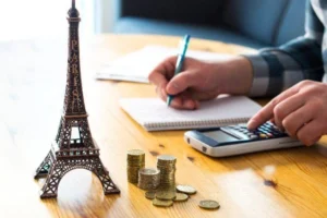 Man Counting Travel Budget, Vacation Expenses Or Insurance Cost.